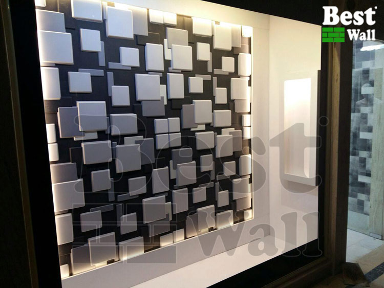 طراحی ویترین فروشگاه با پانل سه بعدی دکوراتیو دو رنگ